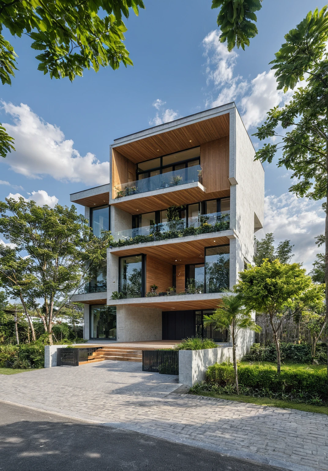 Masterpiece, high quality, wooden louvers, best quality, authentic, super detail, outdoors, onestoreyvillaXL, aiaigroup, house style modern on the street ,stairs, white wall ,road,pavement, grass, trees, sky, cloud, (daylight:1.1)