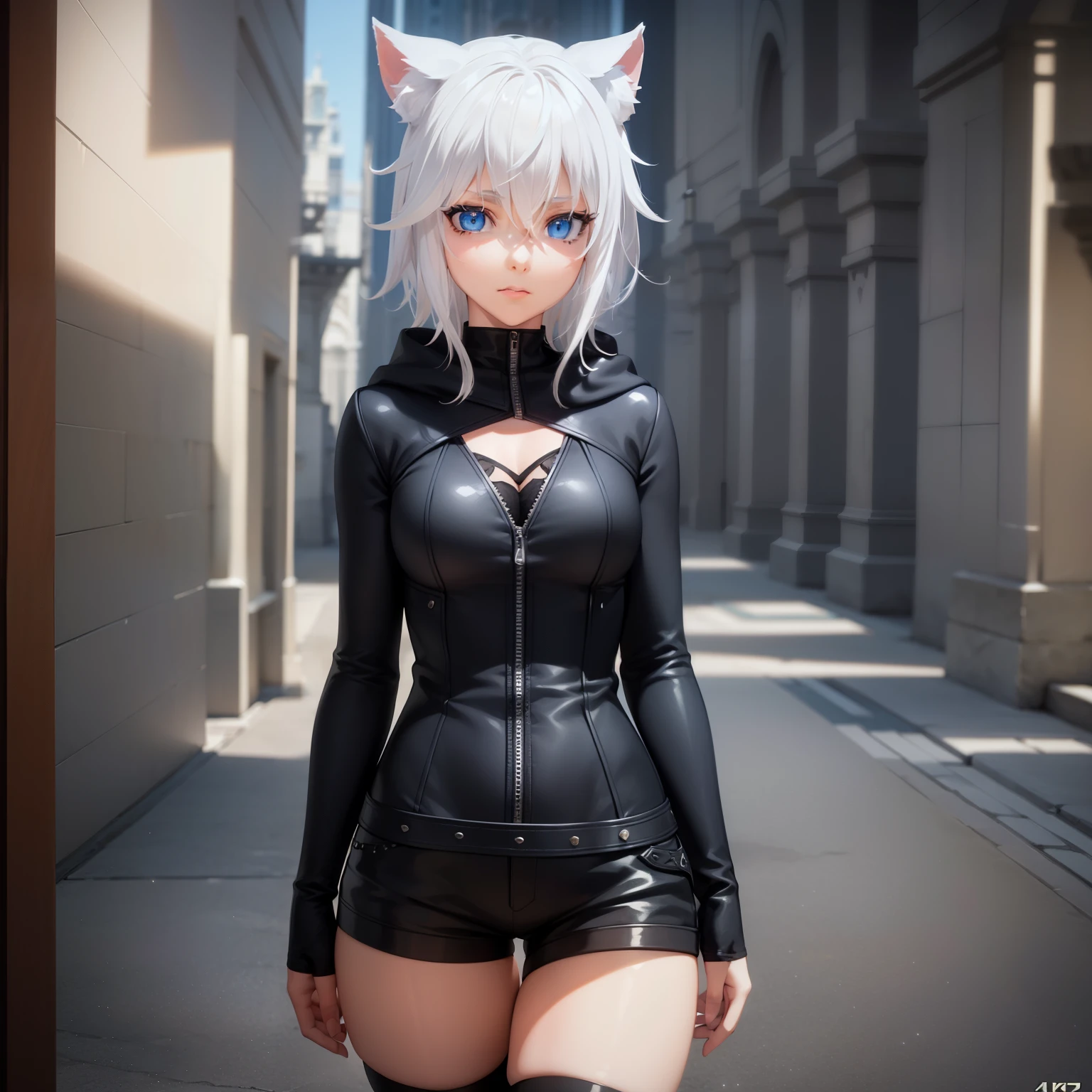 1 girl, character with cat ears, silver hair, short hair, beautiful detailed eyes, beautiful detailed lips, extremely detailed eyes and face, long eyelashes, wearing black hooded outfit, thigh-high stockings, garters, short shorts, (best quality,4k,8k,highres,masterpiece:1.2),ultra-detailed,(realistic,photorealistic,photo-realistic:1.37),concept art, fantasy, cinematic lighting, dramatic shadows You decided to wear a hoodie and covered your body, hiding yourself Rey 