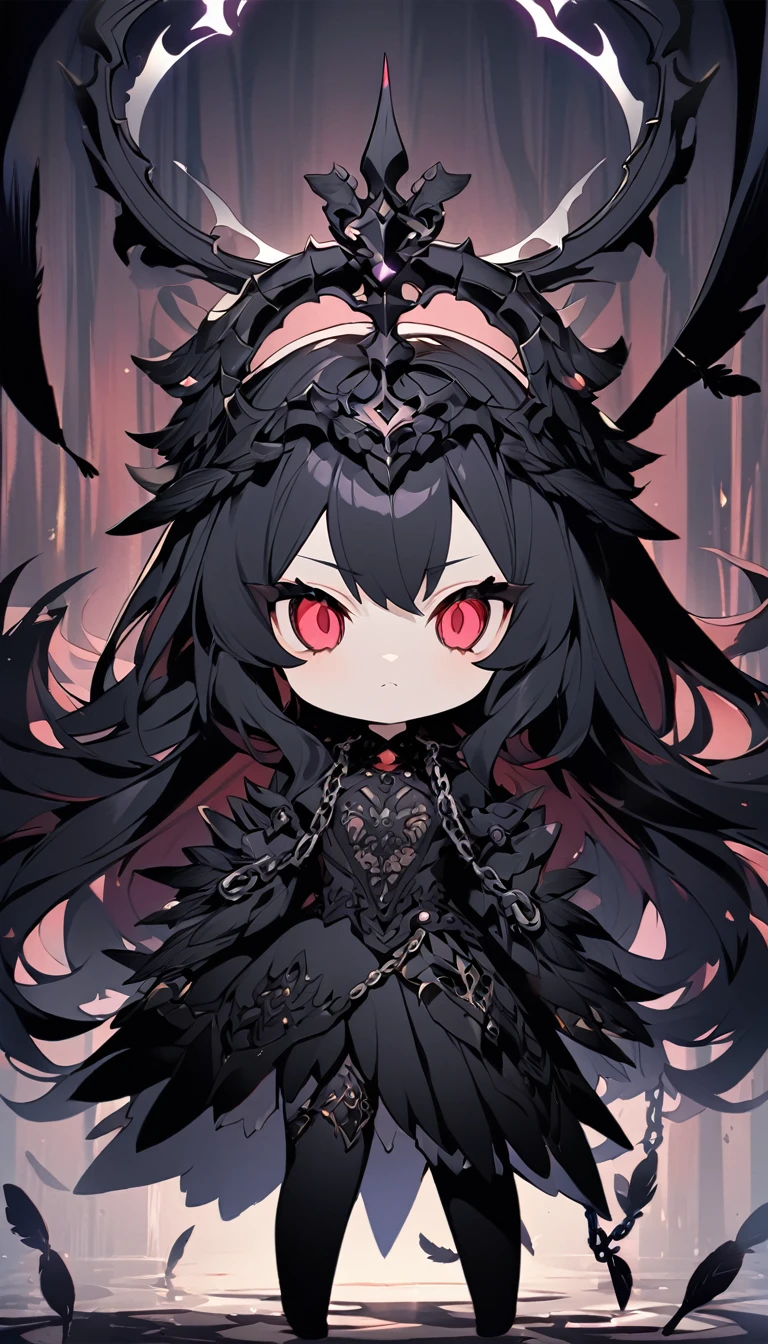 A super-deformed (chibi) style female character designed to appeal to someone with chuunibyou. She embodies the theme of an 'Evil Angel,' featuring dark and celestial elements. The character should have long, flowing hair, possibly in a dark color like black or dark blue, with black wings. She wears a dramatic, intricate outfit with elements like chains, dark feathers, and possibly a dark halo. Her eyes should be large and expressive, with a hint of otherworldly power and malevolence. The background is minimal to keep the focus on the character. The image should be in a 9:16 aspect ratio.