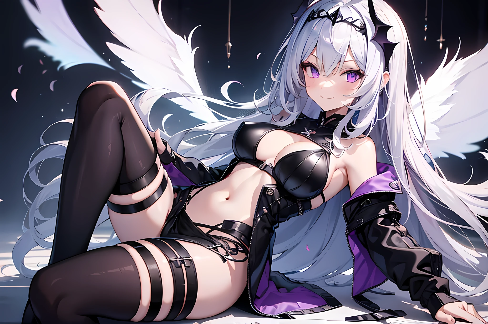 Best quality, 8k, 1 girl, succubus, wings, solo, , silver hair, long wavy hair, purple eyes, hair between eyes, crop_top, jacket, mini skirt, black legwear, sassy , light smile, smirk, tiara headwear, womb tattoo, mature woman, huge breasts, bodystocking, navel clothing cutout, black veil, transparent veil, gorgeous lady