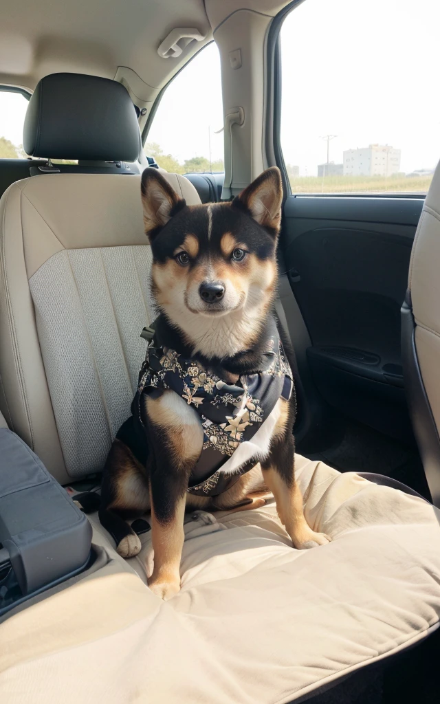 一只微笑着可爱的Shiba Inu坐在The back seat of the car上, The back seat of the car,There is a beige diaper on the seat.,Natural light and shadow,Ultra-realistic photography,Beige short plush diaper blanket,Shiba Inu, Well-dressed, Sitting in her car, A handsome,Panoramic view, Full portrait, Looks smart, Shiba Inu, looking heckin cool and stylish, full functioning, beautiful girl