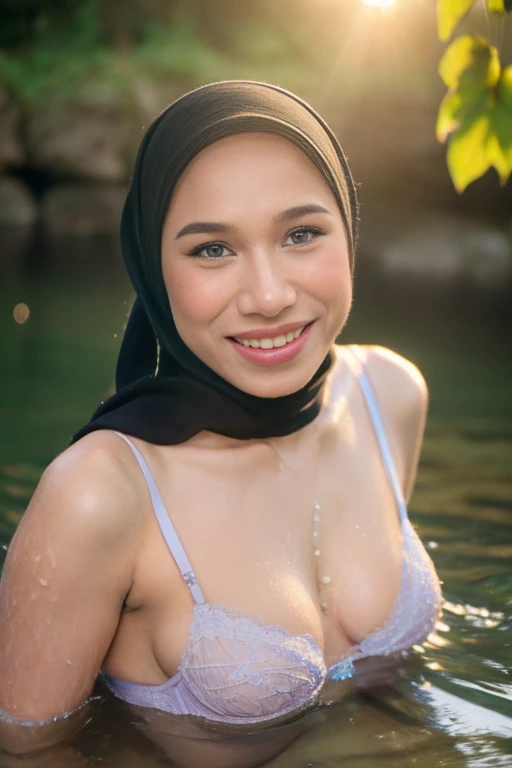 imantroye, close-up portrait of a beautiful woman hijab, smile, bathing in a river, wearing lingerie, (backlight), realistic, masterpiece, high quality, lens reflection, shadow, flower, [[chromatic aberration]], by Jeremy Lipking, by Antonio J. Manzanedo, digital painting,