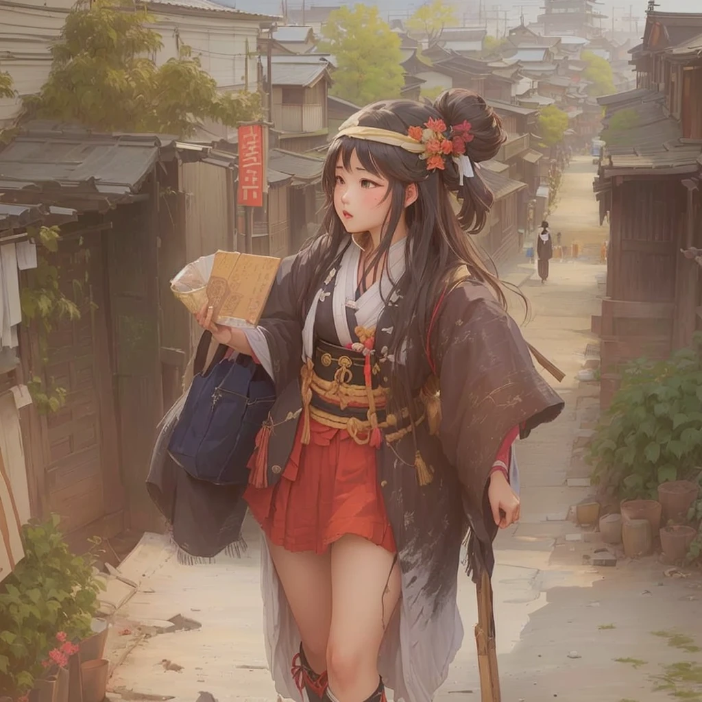 Anime girl in pirate costume walking down a narrow alley, Gwaiz, artwork in the style of Gwaiz, The ancient street behind her, Gwaiz on pixiv artstation, Gwaiz on artstation pixiv, Created by Anime Painter Studio, Beautiful artwork illustration, Kantai Collection Style, Artistic rendering of Reimu Hakurei Blazing flames, fire, crowd, throng, freezing, mother warming her baby.Scenery and Cityscape in the Early Meiji Era After the Meiji Restoration, Japan underwent rapid modernization and civilization. Consequently, many changes and reforms occurred. Below is a detailed explanation of the scenery, appearance of the poor, occupations, and cityscapes in the early Meiji period (1868 to the early 1880s). 2. Appearance of the Poor Life for the impoverished and lower classes remained harsh. In particular, in urban areas, people migrated from rural areas or unemployed artisans gathered, intensifying competition in the labor market. Many of them struggled with poverty, often residing in slums or around temples. 3. Occupations Meiji early Japan witnessed a diversification of occupations. Traditional agriculture and handicrafts were accompanied by the rise of modern industry and commerce. Particularly in urban areas, factory workers, shop clerks, and transporters increased, giving rise to new professions. However, many in these occupations endured harsh working conditions. 4. Influence of Civilization and Enlightenment During the Meiji era, Western cultural influences spread rapidly. Changes in clothing, dietary habits, and the proliferation of Western-style architecture advanced, especially in urban areas. Conversely, this development posed a threat to traditional culture and lifestyles, resulting in societal upheaval and adaptation challenges. 5. Social Change and Policy Influence While promoting modernization policies, the government also addressed poverty and social issues. Legislation for labor protection and charitable activities to aid the poor were implemented. Nevertheless, living conditions for the impoverished scarcely improved. The early Meiji period marked a rapid transformatio