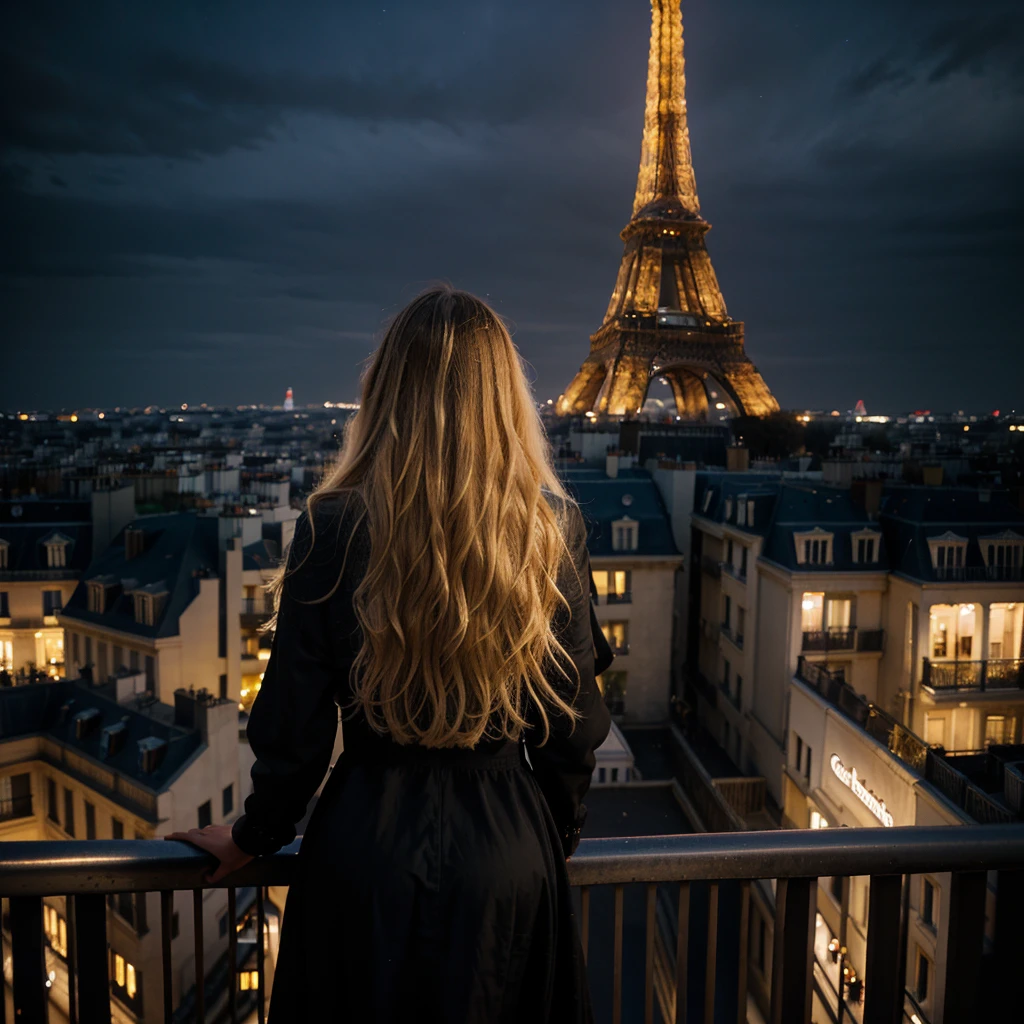 Nighttime photograph featuring a woman with long, wavy blonde hair, wearing a black dress, standing on a balcony. She is facing away from the camera, looking towards the illuminated Eiffel Tower in the distance. The scene is set in an urban environment with classic Parisian architecture, including a multi-story building with balconies and ornate details on the left. The sky is dark, and the Eiffel Tower is brightly lit, creating a striking contrast against the night. The overall mood is serene and contemplative.