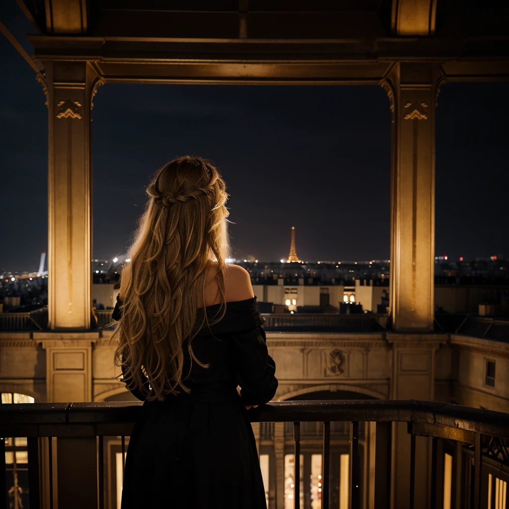 Nighttime photograph featuring a woman with long, wavy blonde hair, wearing a black dress, standing on a balcony. She is facing away from the camera, looking towards the illuminated Eiffel Tower in the distance. The scene is set in an urban environment with classic Parisian architecture, including a multi-story building with balconies and ornate details on the left. The sky is dark, and the Eiffel Tower is brightly lit, creating a striking contrast against the night. The overall mood is serene and contemplative.