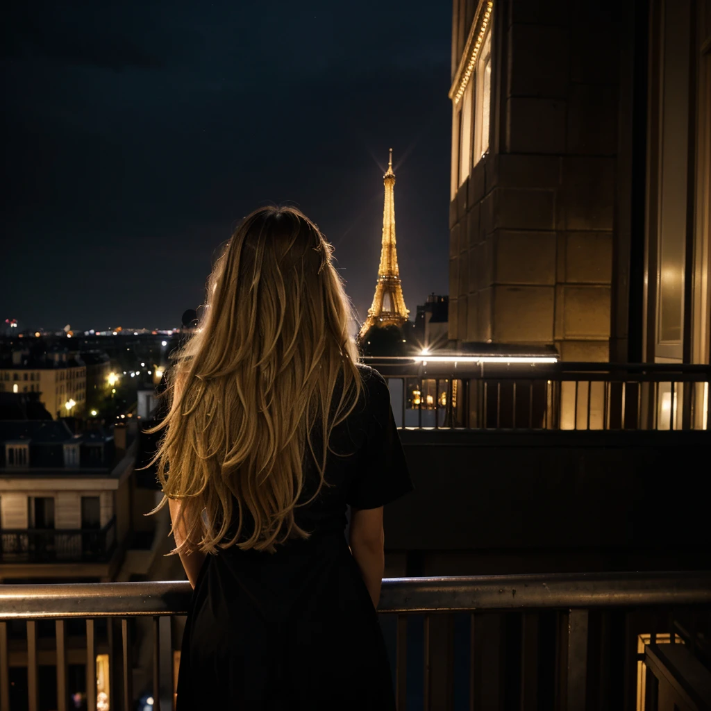 Nighttime photograph featuring a woman with long, wavy blonde hair, wearing a black dress, standing on a balcony. She is facing away from the camera, looking towards the illuminated Eiffel Tower in the distance. The scene is set in an urban environment with classic Parisian architecture, including a multi-story building with balconies and ornate details on the left. The sky is dark, and the Eiffel Tower is brightly lit, creating a striking contrast against the night. The overall mood is serene and contemplative.