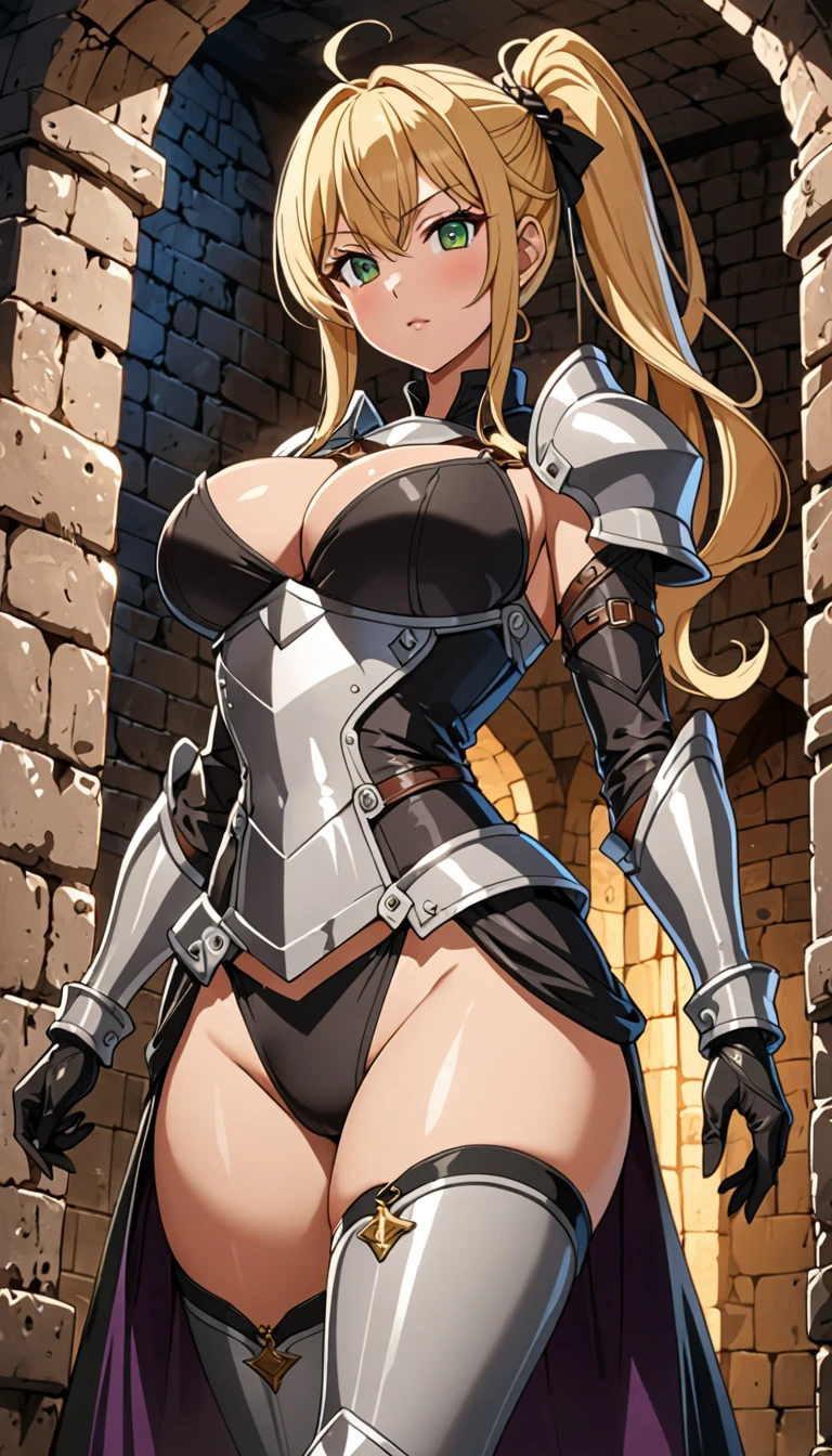 ((masterpiece)), ((high quality)), ((super detailed)), ((high resolution)) ,((8k)), a beautiful woman, ((She is one of the most famous female Thief)), unparalleled beauty, ((huge breast)), ((large ass)), ((deep cleavage)), slim waist, chest out, ultra detailed face, perfect skin, (((Blonde hair in a side ponytail))), Green eyes,  detailed eyes, whole body image, (((anime))), ((glamorous)), 21 years old, ((incredibly beautiful woman)), ((The G cup bust)),  ((((Light Armor, Light clothing)))),  ((beautiful breasts)), beautiful legs, 8 life size, anime, the most beautiful, ((charm)), ((Grown-up face)), ((Perfect fingers)), ((Bewitching)), ((A young heroine)), ((((from below)))), ((Inside the dungeon, Adventurer)),