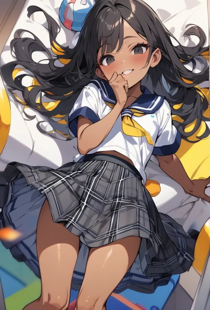 (anime style),masterpiece, best quality, extremely detailed,12Year old,tanned skin,dark skin, Beautiful tiny body,small breasts,BREAK,multicolored colorful black hair,long hair,for head,BREAK,black eyes,best smile,open mouth,detailed lips,BREAK,cotton Yellow big ribbon,BREAK,oversized school middy uniform、tartan check Skirt,sporty shoes,playful gesture,break,head tilt,in the kids space
