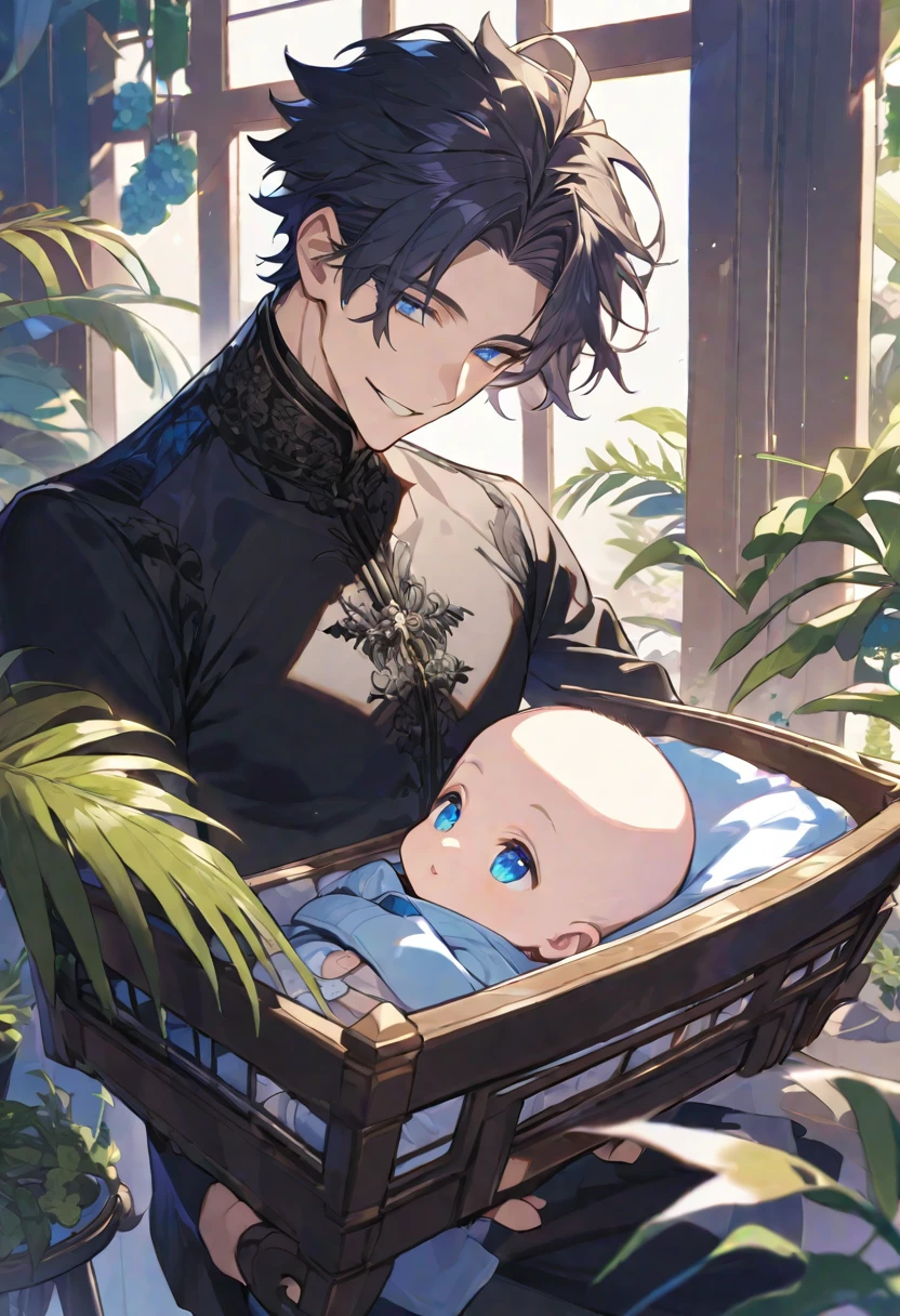 alone, elegant, 1 male baby, , short hair, black fur, blue eyes, detailed, cradle, plant view, smiling
