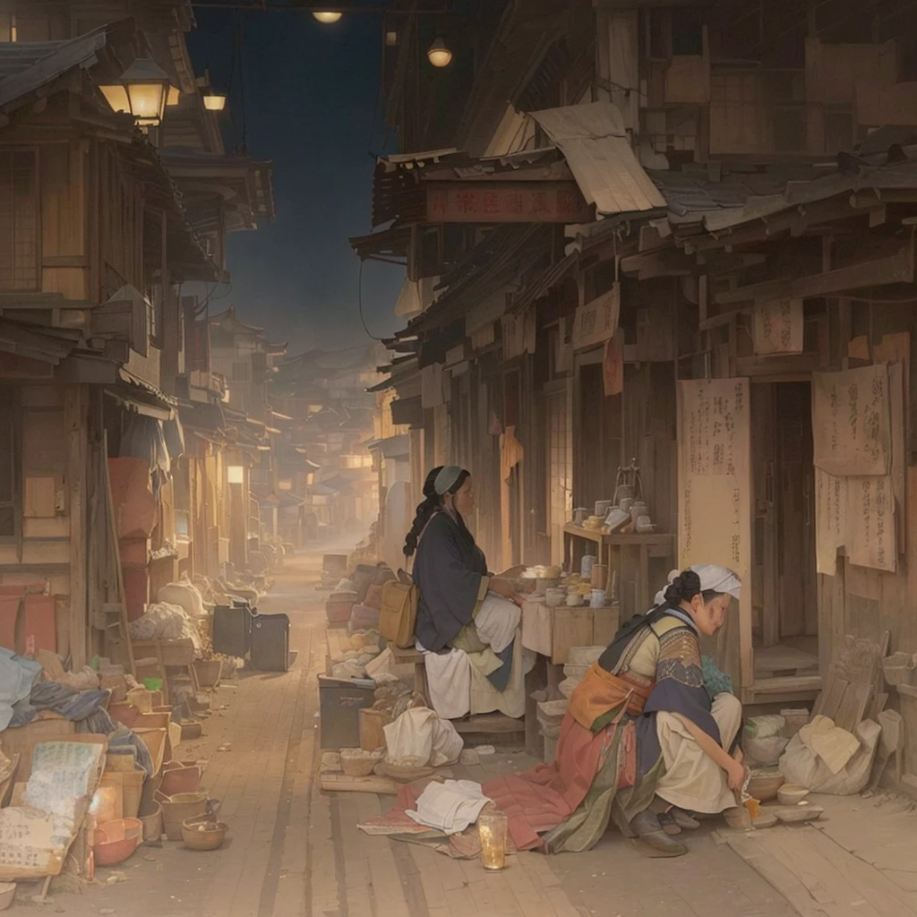 Person sitting on wooden floor々Group painting, by Kamisaka Sekka, Tokyo Anime Scene, Xin Haicheng, Inspired by Kano Naizen, Inspired by Carl Spitzweg, Traditional Japanese concept art, By Chen Jill, Old Japanese street market, inspired by Tōshi Yoshida, Night Scene Blazing Flames, fire, crowd, throng, freezing, mother warming her baby.Scenery and Cityscape in the Early Meiji Era After the Meiji Restoration, Japan underwent rapid modernization and civilization. Consequently, many changes and reforms occurred. Below is a detailed explanation of the scenery, appearance of the poor, occupations, and cityscapes in the early Meiji period (1868 to the early 1880s). 2. Appearance of the Poor Life for the impoverished and lower classes remained harsh. In particular, in urban areas, people migrated from rural areas or unemployed artisans gathered, intensifying competition in the labor market. Many of them struggled with poverty, often residing in slums or around temples. 3. Occupations Meiji early Japan witnessed a diversification of occupations. Traditional agriculture and handicrafts were accompanied by the rise of modern industry and commerce. Particularly in urban areas, factory workers, shop clerks, and transporters increased, giving rise to new professions. However, many in these occupations endured harsh working conditions. 4. Influence of Civilization and Enlightenment During the Meiji era, Western cultural influences spread rapidly. Changes in clothing, dietary habits, and the proliferation of Western-style architecture advanced, especially in urban areas. Conversely, this development posed a threat to traditional culture and lifestyles, resulting in societal upheaval and adaptation challenges. 5. Social Change and Policy Influence While promoting modernization policies, the government also addressed poverty and social issues. Legislation for labor protection and charitable activities to aid the poor were implemented. Nevertheless, living conditions for the impoverished scarcely improved. The early Meiji period marked a rapid transformation in Japan, with c