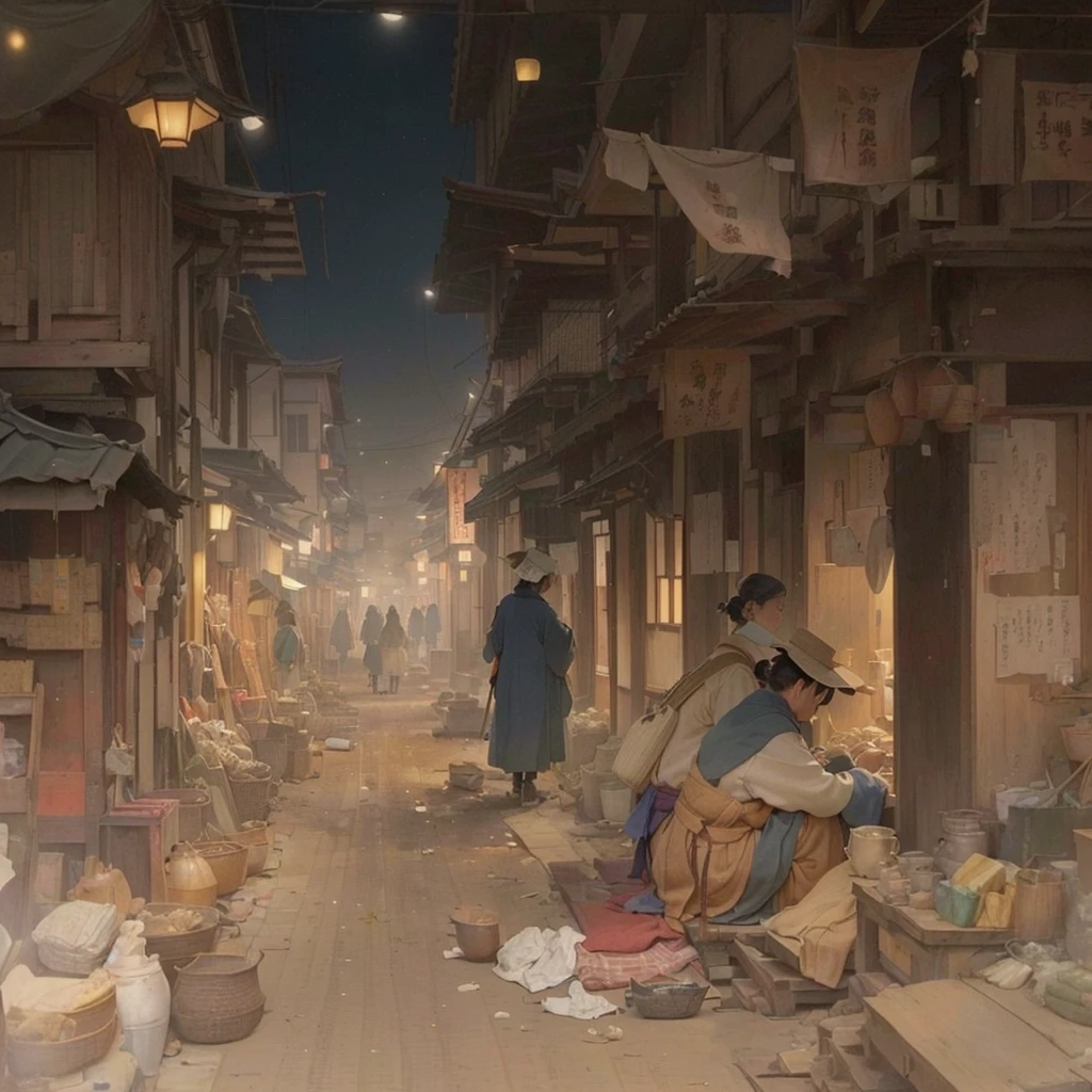 Person sitting on wooden floor々Group painting, by Kamisaka Sekka, Tokyo Anime Scene, Xin Haicheng, Inspired by Kano Naizen, Inspired by Carl Spitzweg, Traditional Japanese concept art, By Chen Jill, Old Japanese street market, inspired by Tōshi Yoshida, Night Scene Blazing Flames, fire, crowd, throng, freezing, mother warming her baby.Scenery and Cityscape in the Early Meiji Era After the Meiji Restoration, Japan underwent rapid modernization and civilization. Consequently, many changes and reforms occurred. Below is a detailed explanation of the scenery, appearance of the poor, occupations, and cityscapes in the early Meiji period (1868 to the early 1880s). 2. Appearance of the Poor Life for the impoverished and lower classes remained harsh. In particular, in urban areas, people migrated from rural areas or unemployed artisans gathered, intensifying competition in the labor market. Many of them struggled with poverty, often residing in slums or around temples. 3. Occupations Meiji early Japan witnessed a diversification of occupations. Traditional agriculture and handicrafts were accompanied by the rise of modern industry and commerce. Particularly in urban areas, factory workers, shop clerks, and transporters increased, giving rise to new professions. However, many in these occupations endured harsh working conditions. 4. Influence of Civilization and Enlightenment During the Meiji era, Western cultural influences spread rapidly. Changes in clothing, dietary habits, and the proliferation of Western-style architecture advanced, especially in urban areas. Conversely, this development posed a threat to traditional culture and lifestyles, resulting in societal upheaval and adaptation challenges. 5. Social Change and Policy Influence While promoting modernization policies, the government also addressed poverty and social issues. Legislation for labor protection and charitable activities to aid the poor were implemented. Nevertheless, living conditions for the impoverished scarcely improved. The early Meiji period marked a rapid transformation in Japan, with c