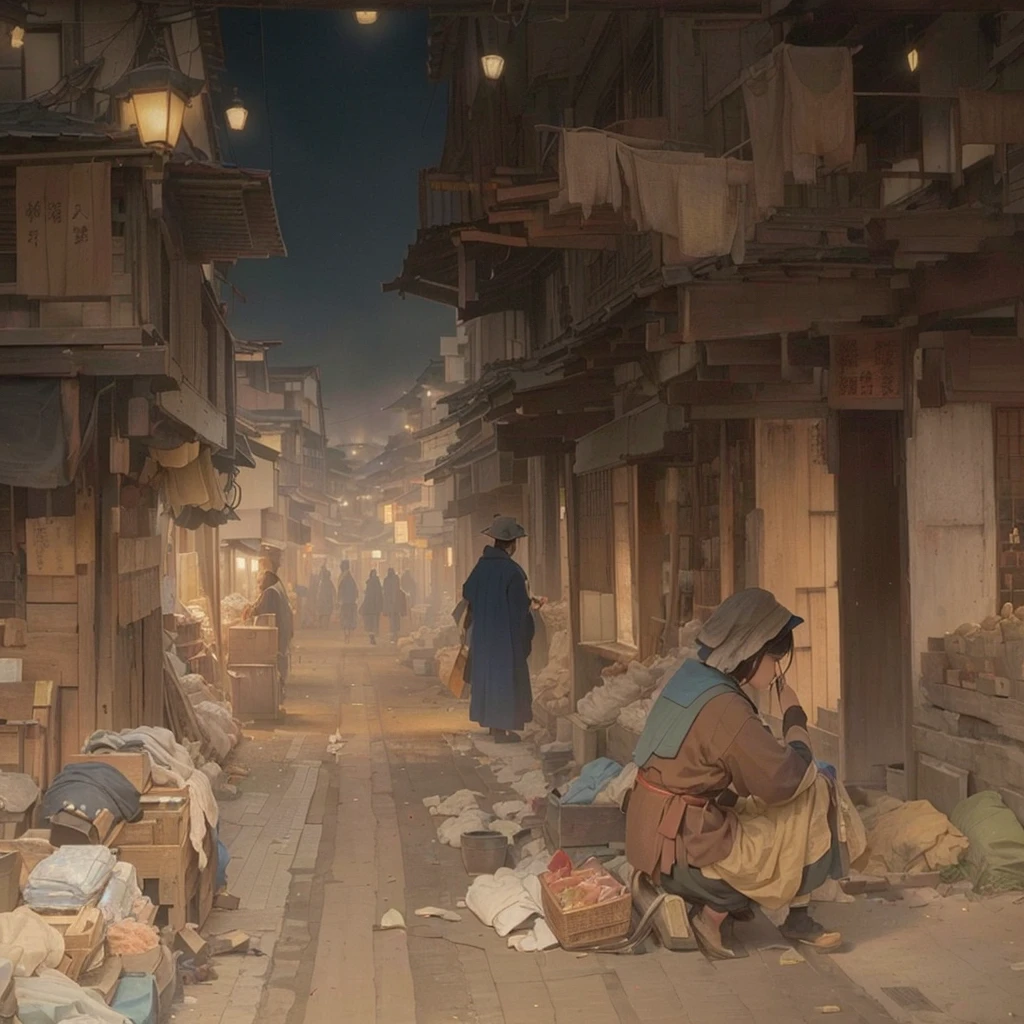 Person sitting on wooden floor々Group painting, by Kamisaka Sekka, Tokyo Anime Scene, Xin Haicheng, Inspired by Kano Naizen, Inspired by Carl Spitzweg, Traditional Japanese concept art, By Chen Jill, Old Japanese street market, inspired by Tōshi Yoshida, Night Scene Blazing Flames, fire, crowd, throng, freezing, mother warming her baby.Scenery and Cityscape in the Early Meiji Era After the Meiji Restoration, Japan underwent rapid modernization and civilization. Consequently, many changes and reforms occurred. Below is a detailed explanation of the scenery, appearance of the poor, occupations, and cityscapes in the early Meiji period (1868 to the early 1880s). 2. Appearance of the Poor Life for the impoverished and lower classes remained harsh. In particular, in urban areas, people migrated from rural areas or unemployed artisans gathered, intensifying competition in the labor market. Many of them struggled with poverty, often residing in slums or around temples. 3. Occupations Meiji early Japan witnessed a diversification of occupations. Traditional agriculture and handicrafts were accompanied by the rise of modern industry and commerce. Particularly in urban areas, factory workers, shop clerks, and transporters increased, giving rise to new professions. However, many in these occupations endured harsh working conditions. 4. Influence of Civilization and Enlightenment During the Meiji era, Western cultural influences spread rapidly. Changes in clothing, dietary habits, and the proliferation of Western-style architecture advanced, especially in urban areas. Conversely, this development posed a threat to traditional culture and lifestyles, resulting in societal upheaval and adaptation challenges. 5. Social Change and Policy Influence While promoting modernization policies, the government also addressed poverty and social issues. Legislation for labor protection and charitable activities to aid the poor were implemented. Nevertheless, living conditions for the impoverished scarcely improved. The early Meiji period marked a rapid transformation in Japan, with c