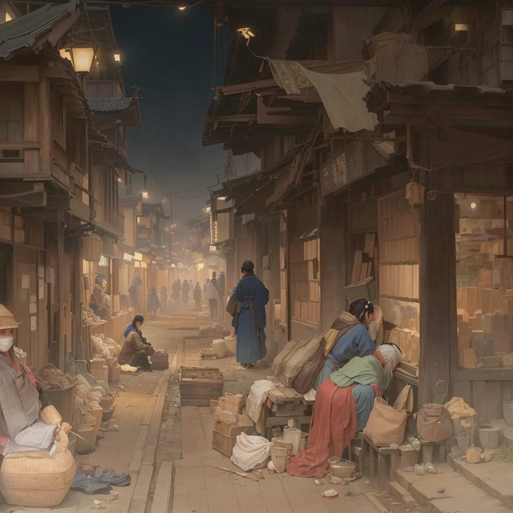 Person sitting on wooden floor々Group painting, by Kamisaka Sekka, Tokyo Anime Scene, Xin Haicheng, Inspired by Kano Naizen, Inspired by Carl Spitzweg, Traditional Japanese concept art, By Chen Jill, Old Japanese street market, inspired by Tōshi Yoshida, Night Scene Blazing Flames, fire, crowd, throng, freezing, mother warming her baby.Scenery and Cityscape in the Early Meiji Era After the Meiji Restoration, Japan underwent rapid modernization and civilization. Consequently, many changes and reforms occurred. Below is a detailed explanation of the scenery, appearance of the poor, occupations, and cityscapes in the early Meiji period (1868 to the early 1880s). 2. Appearance of the Poor Life for the impoverished and lower classes remained harsh. In particular, in urban areas, people migrated from rural areas or unemployed artisans gathered, intensifying competition in the labor market. Many of them struggled with poverty, often residing in slums or around temples. 3. Occupations Meiji early Japan witnessed a diversification of occupations. Traditional agriculture and handicrafts were accompanied by the rise of modern industry and commerce. Particularly in urban areas, factory workers, shop clerks, and transporters increased, giving rise to new professions. However, many in these occupations endured harsh working conditions. 4. Influence of Civilization and Enlightenment During the Meiji era, Western cultural influences spread rapidly. Changes in clothing, dietary habits, and the proliferation of Western-style architecture advanced, especially in urban areas. Conversely, this development posed a threat to traditional culture and lifestyles, resulting in societal upheaval and adaptation challenges. 5. Social Change and Policy Influence While promoting modernization policies, the government also addressed poverty and social issues. Legislation for labor protection and charitable activities to aid the poor were implemented. Nevertheless, living conditions for the impoverished scarcely improved. The early Meiji period marked a rapid transformation in Japan, with c