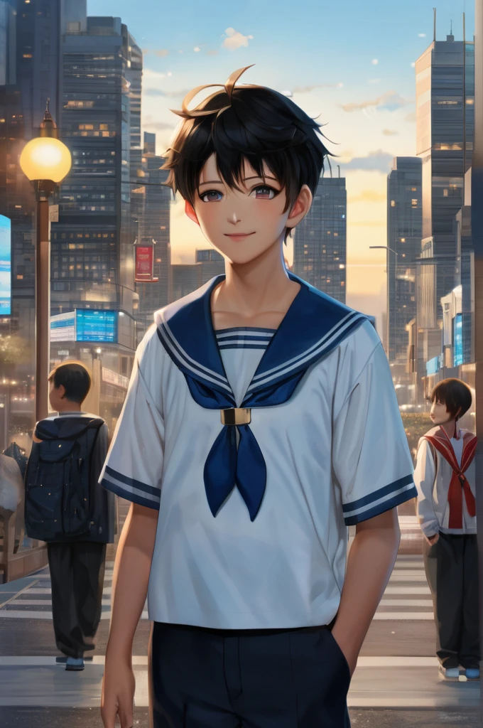 masterpice, best quality, 1boy, ((solo)), looking at viewer, dog ears, blue sailor_collar, serafuku, sailor shirt, half body, background of a city scape, pedestrians, soft lights, realistic lights,