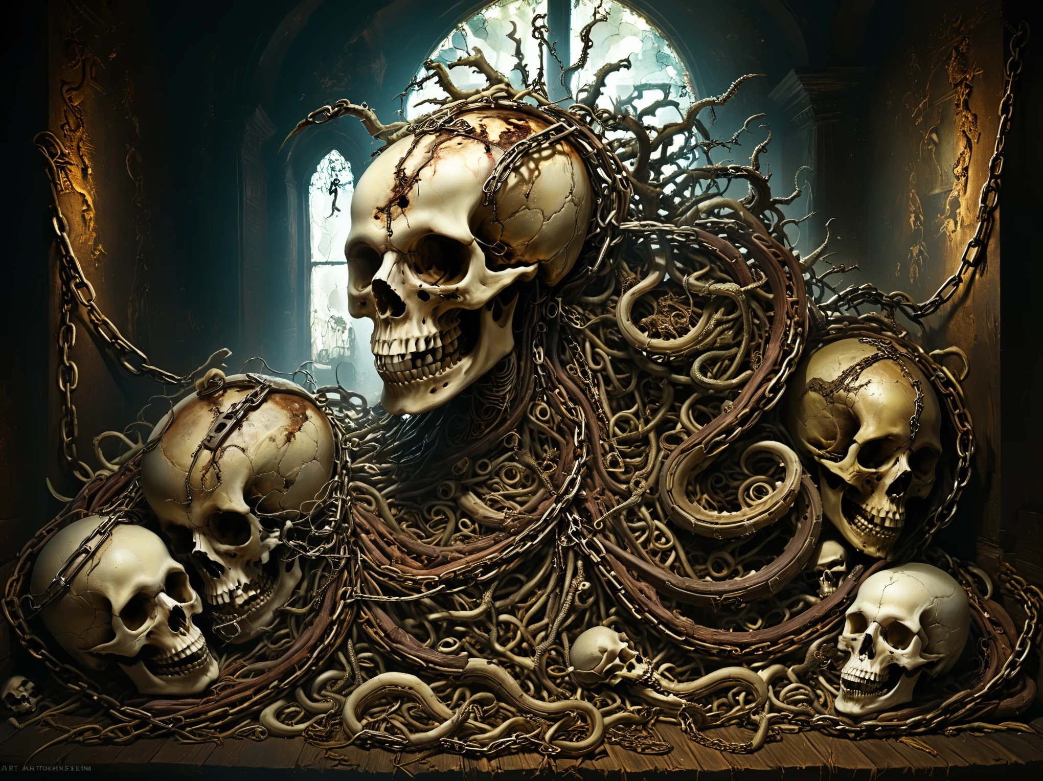 Dark ambient, Intricate Details, Studio Lights, Mystical Ambient, Mechanical, Asymmetric, Mystical Ambient, the result rendered must be made it from parts of the dead human bodies and skulls, skeletons of poisonous vipers and snakes and other reptiles, bones, worldly scum, still life should be surrounding the main objects artwork, horror, evil, hell, murdered innocents and must look very real with a blooded crown of spines, rusted and worn metallic chains and it must transmit the pain of the crucifixion of Jesus Christ, art by Carne Griffiths, Wadim Kashin, Anton Semeno aka Gloom82 and Tea Jagodic.