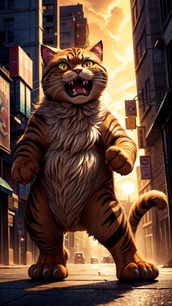 a large angry cat rampaging through a city, incredibly detailed, 8k, photorealistic, award winning, highly detailed, hyper-realistic, volumetric lighting, cinematic, dramatic lighting, intricate details, photographic, chiaroscuro, golden hour, vibrant colors, natural textures