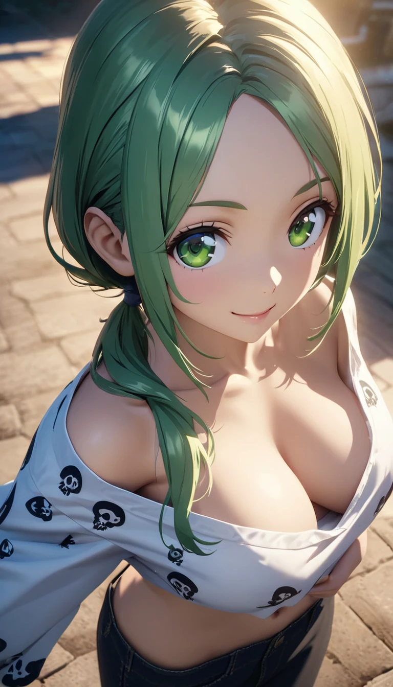 cinematic lighting, HDR, lifelike 8k CG, keyvisual, anime colored, top quality, charming and cute girl, clear face, green hair, parted bangs, short low ponytail, green eyes, big breasts, perfect figure, BREAK, standing, skull under clothes, from above, smile, looking at viewer, backless skull print yukata, navel slip, (downblouse:1.2), blue sky, sidewalk,