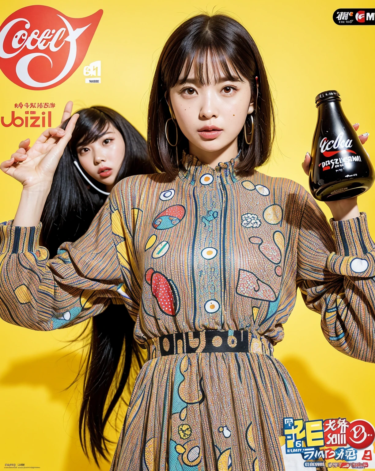 Realistic, 8k, masterpiece, RAW Photos, Highest quality, Realistic, Highly detailed CG Unity 8k wallpaper, Written boundary depth, Cinematic Light, Lens flare, Ray Tracing, Perfect lighting,short hair, (Delicate skin), (Delicate face), (Pop Background :1.1), person standing and watching、Comical movement,1 female、Headphones,(Yellow background),Modern Style,artistic,moving composition,Unique Pattern,Bold Texture,colorful,Imaginative,Whimsical,Vibrant,like々Shii,Playful,Energetic,creative,Expressive,stylish,tendency,((One Girl)),Eating pizza、Coca-Cola Poster,((Art by yayoi kusama)),