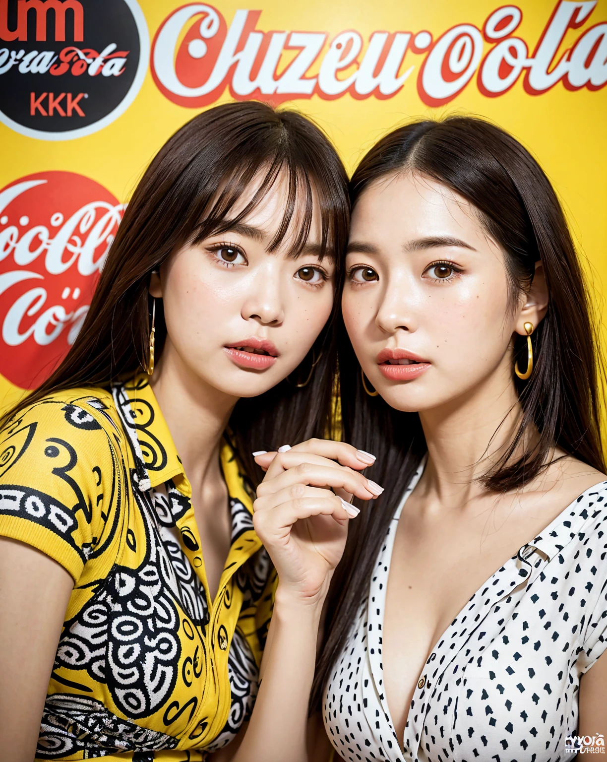 Realistic, 8k, masterpiece, RAW Photos, Highest quality, Realistic, Highly detailed CG Unity 8k wallpaper, Written boundary depth, Cinematic Light, Lens flare, Ray Tracing, Perfect lighting,short hair, (Delicate skin), (Delicate face), (Pop Background :1.1), person standing and watching、Comical movement,1 female、Headphones,(Yellow background),Modern Style,artistic,moving composition,Unique Pattern,Bold Texture,colorful,Imaginative,Whimsical,Vibrant,like々Shii,Playful,Energetic,creative,Expressive,stylish,tendency,((One Girl)),Eating pizza、Coca-Cola Poster,((Art by yayoi kusama)),