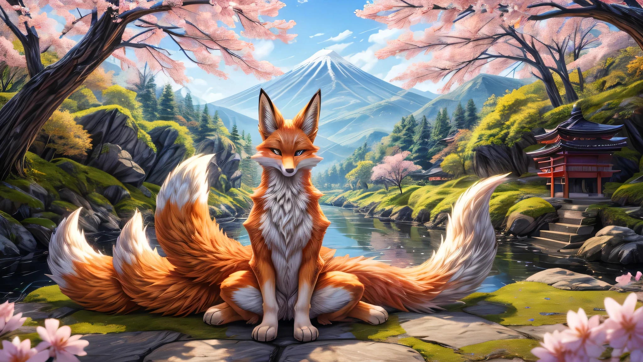 Beautiful Japanese landscape, High Definition, beautiful japanese kitsune, finely detailed, cunning ?????, fox face elongated snout add_detail,in the spring hanami add_detail:1 mistycal aura,