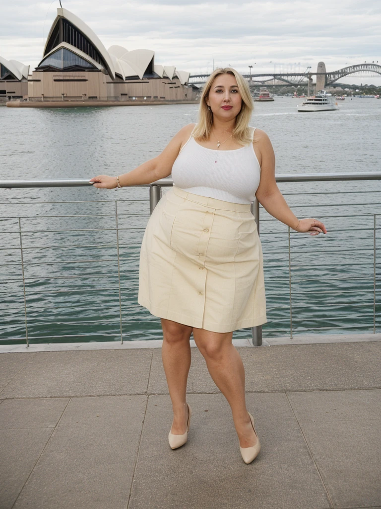 Xyrele, 1girl, solo, 30 years old, (((French face))), (((French nose))), (((French lips))), ((((chubby)))), (((wide hips))), (((blonde hair))), crinkly medium hair, wearing stylish palette trend modern wear and skirt, ((Background: Sydney Waterfront in Australia)), ((upper body and upper legs))