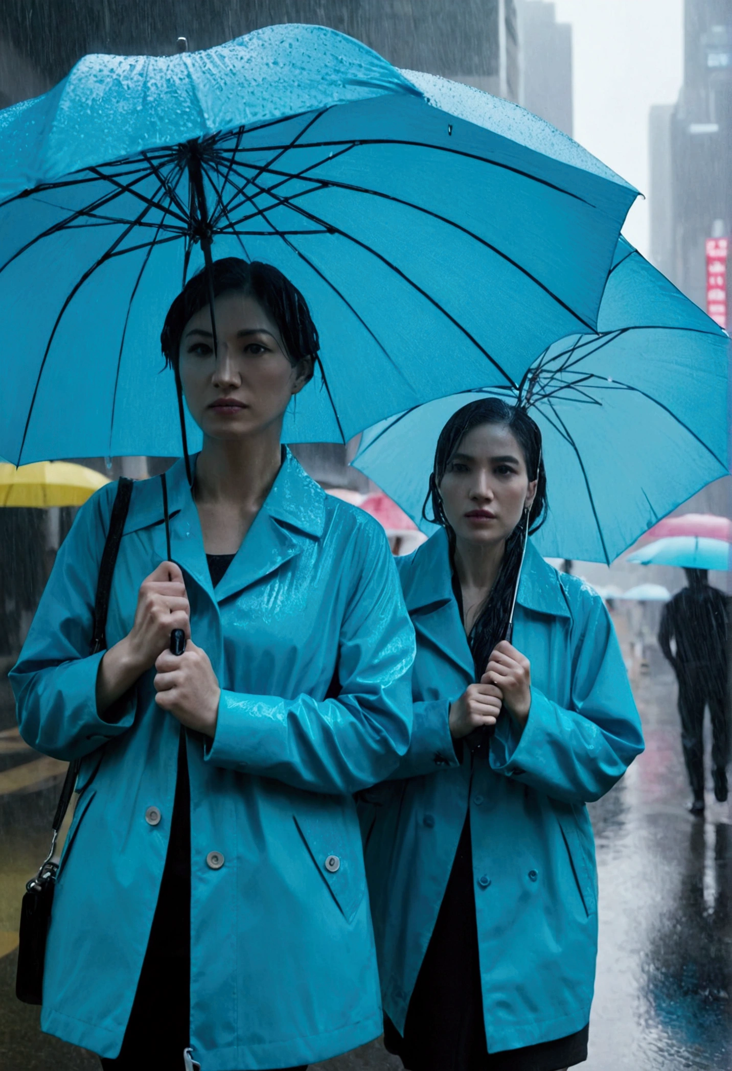 2 women away from the camera, wearing umbrellas, heavy rain, metropolitan city, aqua blue color theme