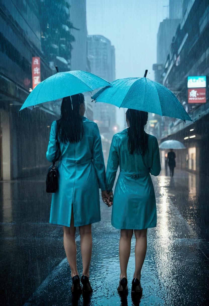 2 women away from the camera, wearing umbrellas, heavy rain, metropolitan city, aqua blue color theme