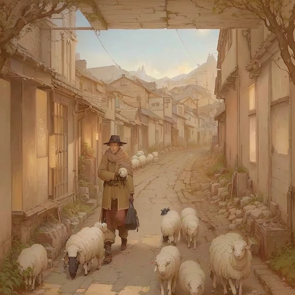 There is a man walking down the road with his sheep, The ancient street behind her, artwork in the style of Gwaiz, Gwaiz, by Kamisaka Sekka, anime Background Art, by Shimo, Inspired by Carl Spitzweg, Created by Anime Painter Studio, Anime scenery concept art, Background Art, Blazing flames drawn in an anime artist's studio, fire, crowd, throng, freezing, mother warming her baby.Scenery and Cityscape in the Early Meiji Era After the Meiji Restoration, Japan underwent rapid modernization and civilization. Consequently, many changes and reforms occurred. Below is a detailed explanation of the scenery, appearance of the poor, occupations, and cityscapes in the early Meiji period (1868 to the early 1880s). 2. Appearance of the Poor Life for the impoverished and lower classes remained harsh. In particular, in urban areas, people migrated from rural areas or unemployed artisans gathered, intensifying competition in the labor market. Many of them struggled with poverty, often residing in slums or around temples. 3. Occupations Meiji early Japan witnessed a diversification of occupations. Traditional agriculture and handicrafts were accompanied by the rise of modern industry and commerce. Particularly in urban areas, factory workers, shop clerks, and transporters increased, giving rise to new professions. However, many in these occupations endured harsh working conditions. 4. Influence of Civilization and Enlightenment During the Meiji era, Western cultural influences spread rapidly. Changes in clothing, dietary habits, and the proliferation of Western-style architecture advanced, especially in urban areas. Conversely, this development posed a threat to traditional culture and lifestyles, resulting in societal upheaval and adaptation challenges. 5. Social Change and Policy Influence While promoting modernization policies, the government also addressed poverty and social issues. Legislation for labor protection and charitable activities to aid the poor were implemented. Nevertheless, living conditions for the impoverished scarcely improved. The early Meiji period marked a rapid transformation