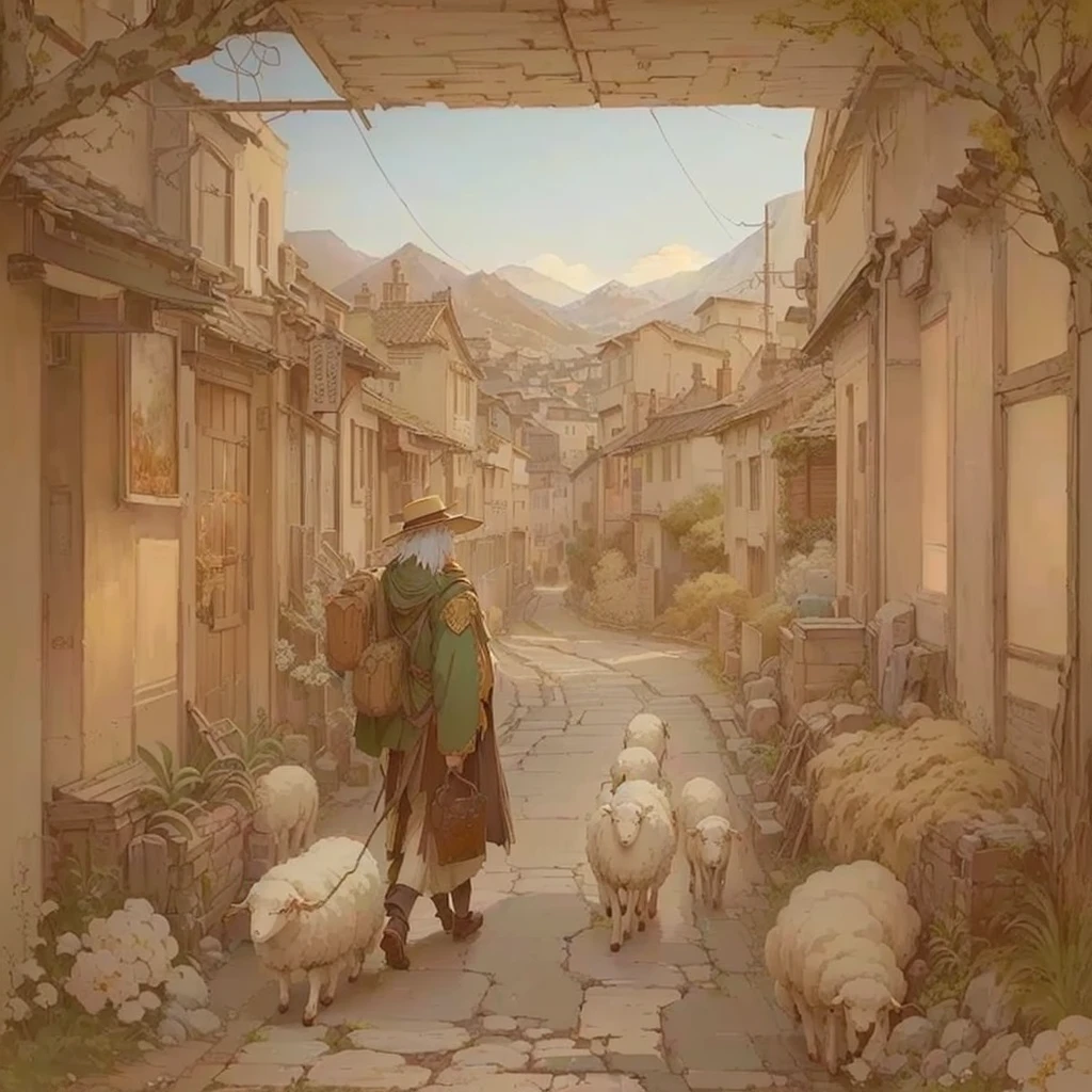 There is a man walking down the road with his sheep, The ancient street behind her, artwork in the style of Gwaiz, Gwaiz, by Kamisaka Sekka, anime Background Art, by Shimo, Inspired by Carl Spitzweg, Created by Anime Painter Studio, Anime scenery concept art, Background Art, Blazing flames drawn in an anime artist's studio, fire, crowd, throng, freezing, mother warming her baby.Scenery and Cityscape in the Early Meiji Era After the Meiji Restoration, Japan underwent rapid modernization and civilization. Consequently, many changes and reforms occurred. Below is a detailed explanation of the scenery, appearance of the poor, occupations, and cityscapes in the early Meiji period (1868 to the early 1880s). 2. Appearance of the Poor Life for the impoverished and lower classes remained harsh. In particular, in urban areas, people migrated from rural areas or unemployed artisans gathered, intensifying competition in the labor market. Many of them struggled with poverty, often residing in slums or around temples. 3. Occupations Meiji early Japan witnessed a diversification of occupations. Traditional agriculture and handicrafts were accompanied by the rise of modern industry and commerce. Particularly in urban areas, factory workers, shop clerks, and transporters increased, giving rise to new professions. However, many in these occupations endured harsh working conditions. 4. Influence of Civilization and Enlightenment During the Meiji era, Western cultural influences spread rapidly. Changes in clothing, dietary habits, and the proliferation of Western-style architecture advanced, especially in urban areas. Conversely, this development posed a threat to traditional culture and lifestyles, resulting in societal upheaval and adaptation challenges. 5. Social Change and Policy Influence While promoting modernization policies, the government also addressed poverty and social issues. Legislation for labor protection and charitable activities to aid the poor were implemented. Nevertheless, living conditions for the impoverished scarcely improved. The early Meiji period marked a rapid transformation