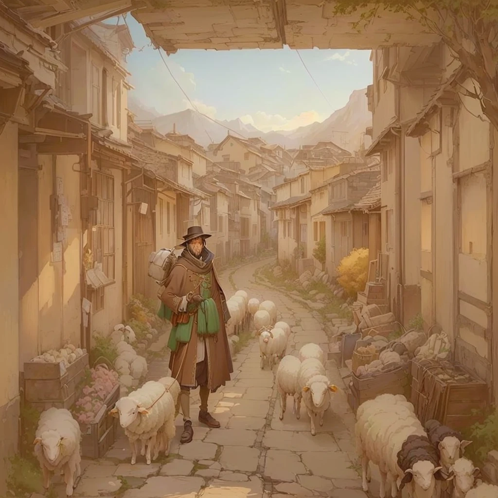 There is a man walking down the road with his sheep, The ancient street behind her, artwork in the style of Gwaiz, Gwaiz, by Kamisaka Sekka, anime Background Art, by Shimo, Inspired by Carl Spitzweg, Created by Anime Painter Studio, Anime scenery concept art, Background Art, Blazing flames drawn in an anime artist&#39;s studio, fire, crowd, throng, freezing, mother warming her baby.Scenery and Cityscape in the Early Meiji Era After the Meiji Restoration, Japan underwent rapid modernization and civilization. Consequently, many changes and reforms occurred. Below is a detailed explanation of the scenery, appearance of the poor, occupations, and cityscapes in the early Meiji period (1868 to the early 1880s). 2. Appearance of the Poor Life for the impoverished and lower classes remained harsh. In particular, in urban areas, people migrated from rural areas or unemployed artisans gathered, intensifying competition in the labor market. Many of them struggled with poverty, often residing in slums or around temples. 3. Occupations Meiji early Japan witnessed a diversification of occupations. Traditional agriculture and handicrafts were accompanied by the rise of modern industry and commerce. Particularly in urban areas, factory workers, shop clerks, and transporters increased, giving rise to new professions. However, many in these occupations endured harsh working conditions. 4. Influence of Civilization and Enlightenment During the Meiji era, Western cultural influences spread rapidly. Changes in clothing, dietary habits, and the proliferation of Western-style architecture advanced, especially in urban areas. Conversely, this development posed a threat to traditional culture and lifestyles, resulting in societal upheaval and adaptation challenges. 5. Social Change and Policy Influence While promoting modernization policies, the government also addressed poverty and social issues. Legislation for labor protection and charitable activities to aid the poor were implemented. Nevertheless, living conditions for the impoverished scarcely improved. The early Meiji period marked a rapid transformation
