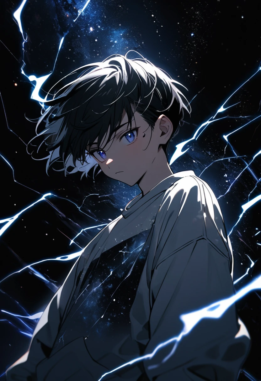 17-year-old man，Long black hair，Wearing a white sweatshirt，Black electricity on the body，The background is a bright starry sky，Black vibe