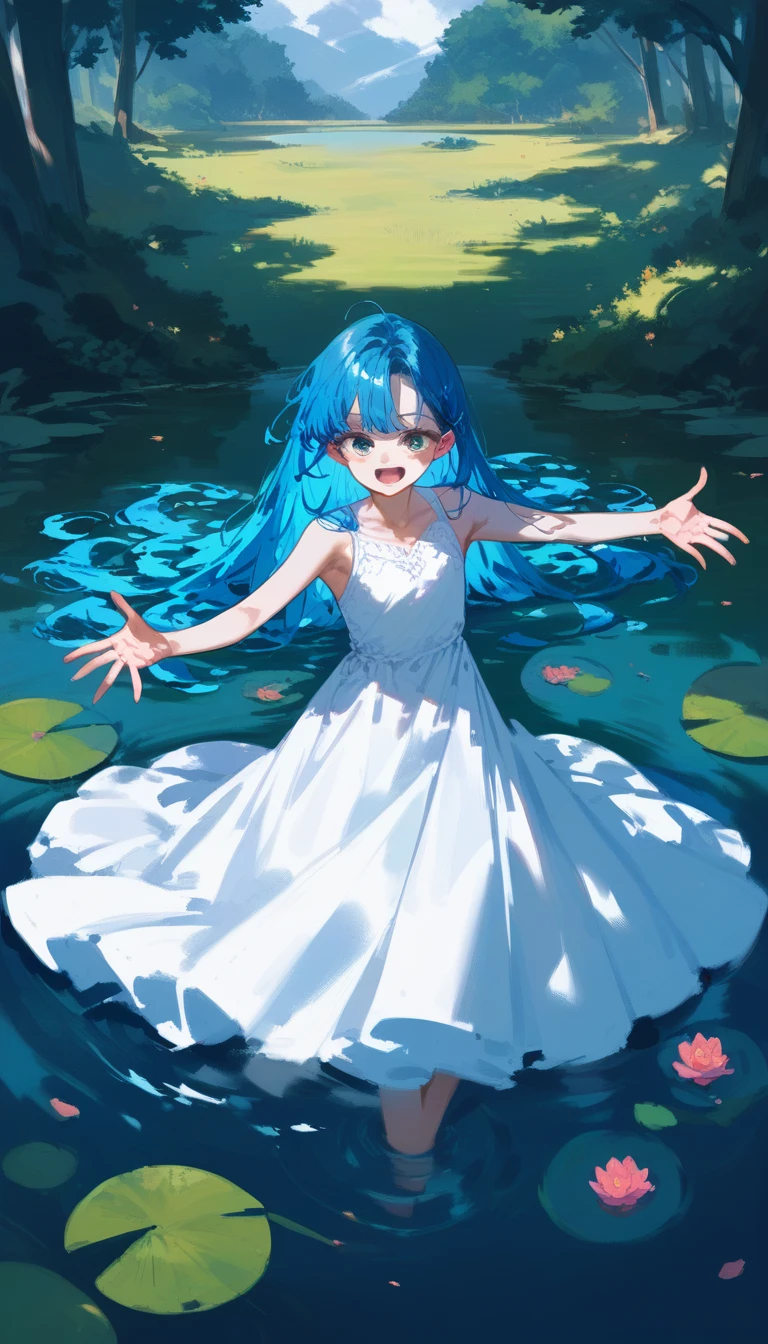 The goddess of the pond, blue hair, long hair that reaches down to her waist, Scene of rising from the pond, Floating on the big pond, Sunlight filtering through the trees in the forest, white dress, Reaching out