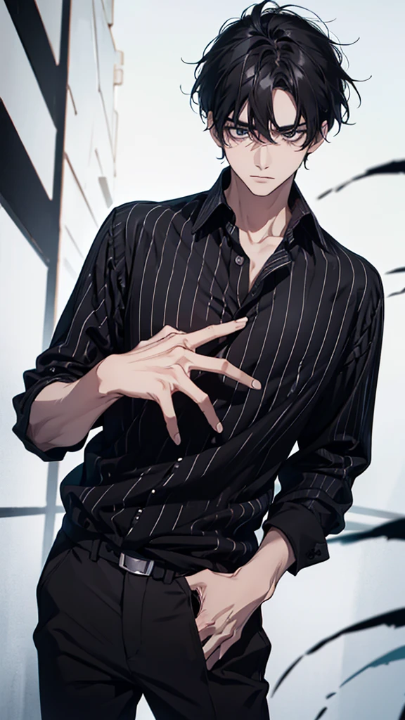 Man, black hair, dark circles under his eyes, black and white striped shirt, thin body, black ring on middle finger of right hand