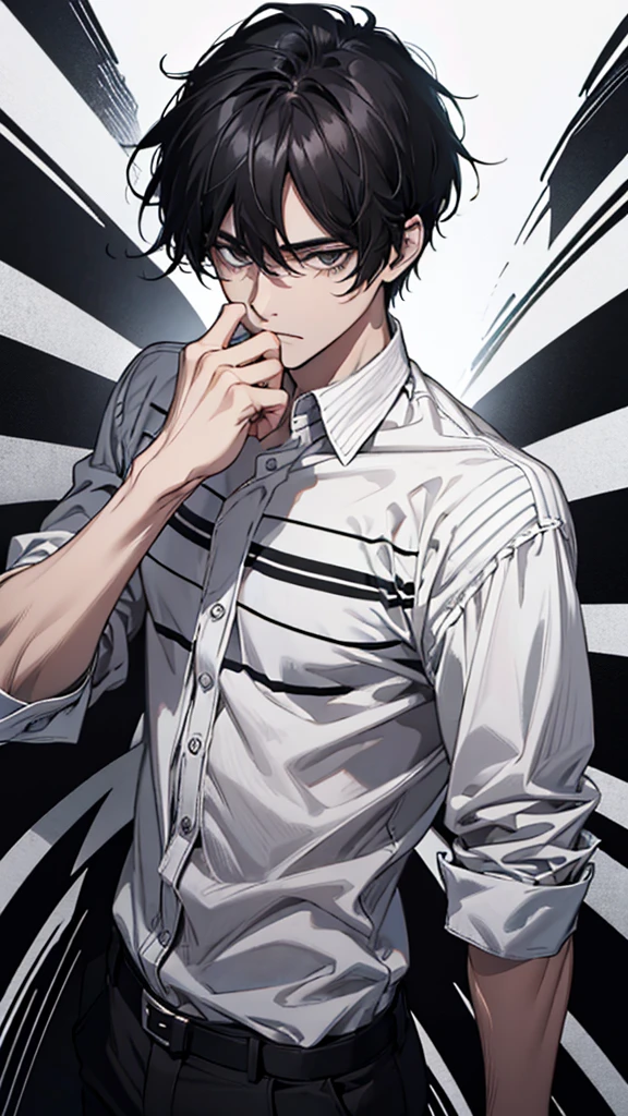 Man, black hair, dark circles under his eyes, black and white striped shirt, thin body, black ring on middle finger of right hand
