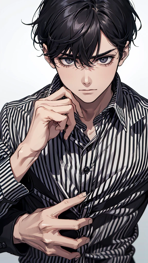 Man, black hair, dark circles under his eyes, black and white striped shirt, thin body, black ring on middle finger of right hand