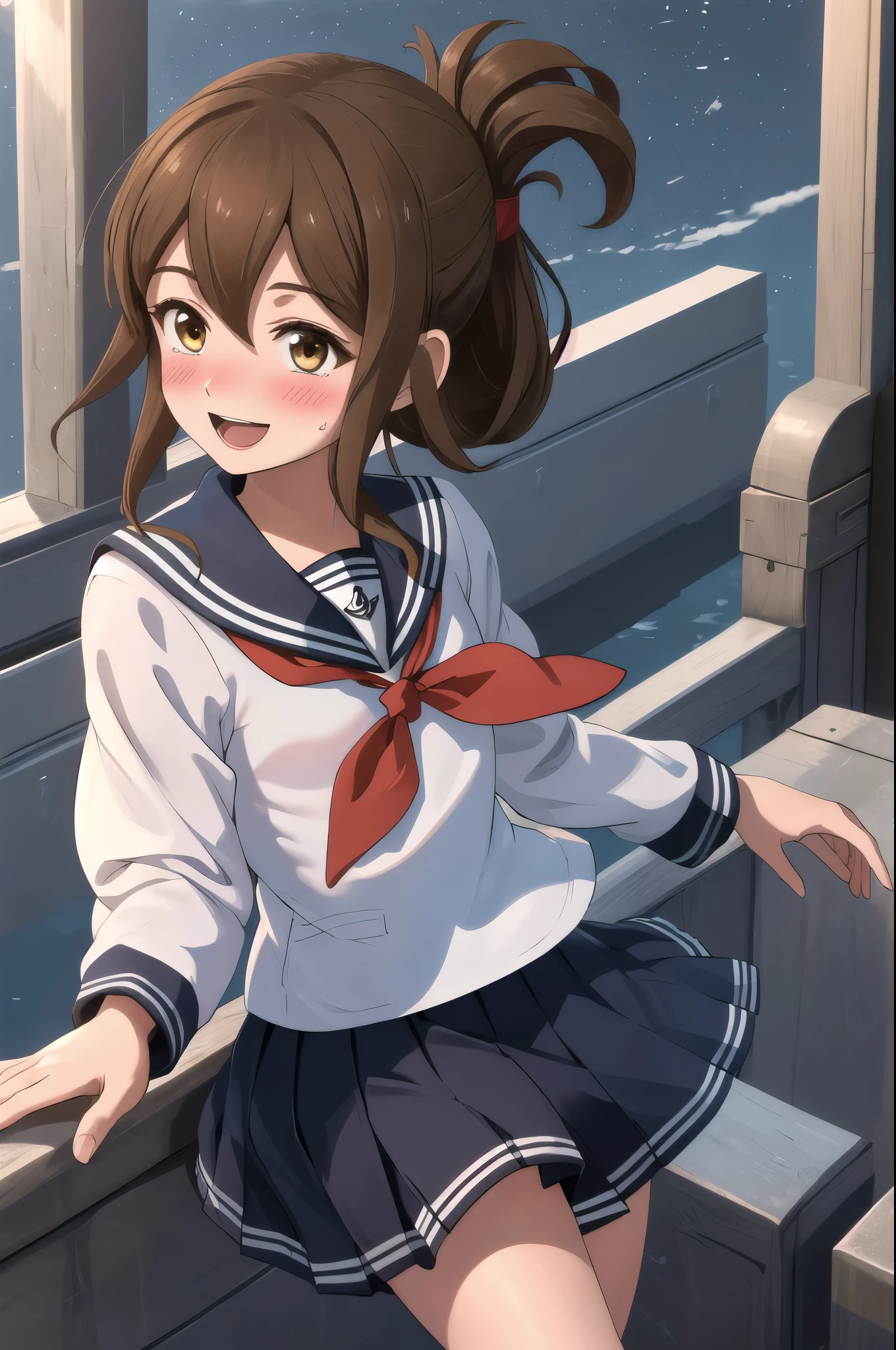 Highest quality, masterpiece, High resolution, alone, {inazuma_Fleet Collection}, brown_hair, Folded_ponytail, brown_eye, length_hair, Open_mouth, smile, Sailor suit, show off panties, (White panties), Wet clothes,Nipples, ,((Flat Chest, Small breasts, flat chest))