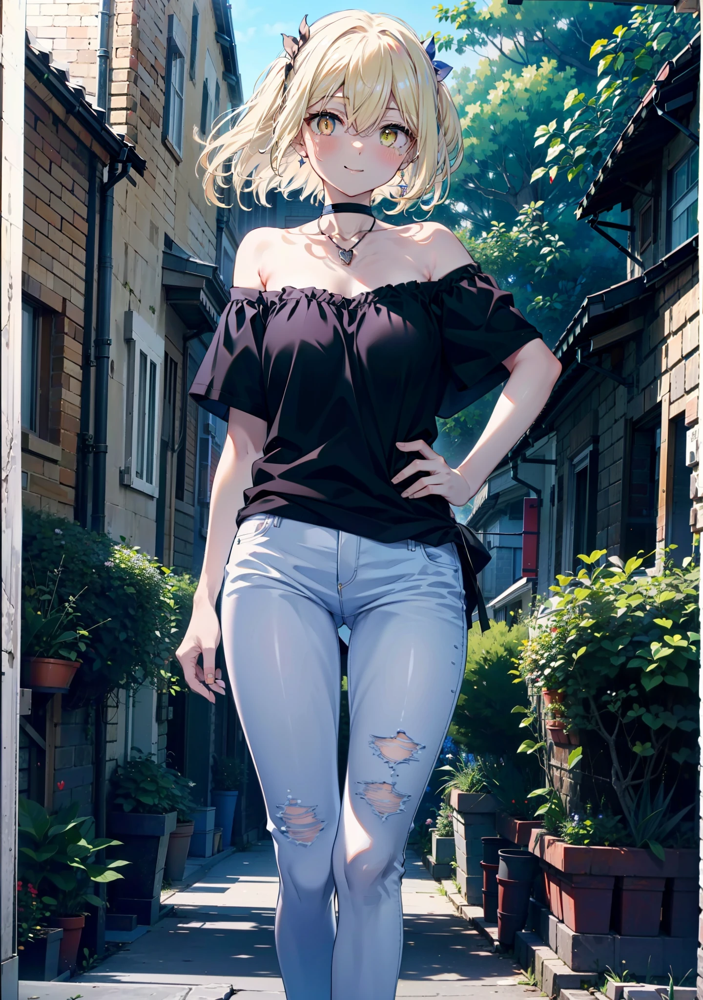 アイスWallenstein, Wallenstein, blonde, Hair between the eyes, hair band, Long Hair, (Yellow Eyes:1.5),happy smile, smile, Shut your mouth.,smile,blush,Bare neck,Heart Necklace,Oversized blue one-shoulder shirt,Short sleeve,Skinny jeans,Stiletto heels,whole bodyがイラストに入るように,Walking,Daytime,Clear skies,　　　　　　　　　　　　　break looking at viewer,whole body, (Cowboy Shot:1. 5)　　　　　　　　　　break outdoors,Building district, 　　　　　　　　　　　break (masterpiece:1.2), Highest quality, High resolution, unity 8k wallpaper, (shape:0.8), (Beautiful and beautiful eyes:1.6), Highly detailed face, Perfect lighting, Extremely detailed CG, (Perfect hands, Perfect Anatomy),