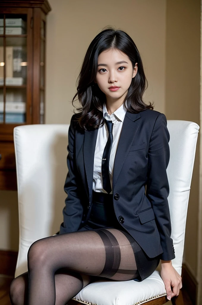 Ulzzang-6500-v1.1, (RAW photos:1.2), (realistic), (really:1.4), 1girl、very pretty girl、21 years old、game_nffsw, eye for detail, shy smile、business fashion、business suit、thighs and skirt、sit on a chair、Working、(very realistic pantyhose:1.2), Curly hair、realistic skin texture、glowing skin、exposed thighs!!! , assembly、eye shadow、