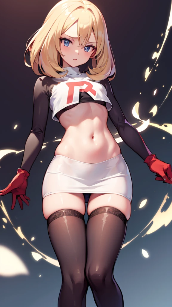 pokemon Cinthia ,pokemon Cinthia brown eyes, light hair, by the wide (small breasts:1.2),
Team Rocket,Team Rocket uniform, red letter R, White skirt,White crop top,black thigh high stockings,black elbow length gloves BREAK looking at viewer,
BREAK (masterpiece:1.2), Best Quality, High resolution, unity wallpaper 8k, (illustration:0.8), (beautiful detailed eyes:1.6), extremely detailed face, perfect lighting, Extremely detailed CG, (perfect hands, perfect anatomy),