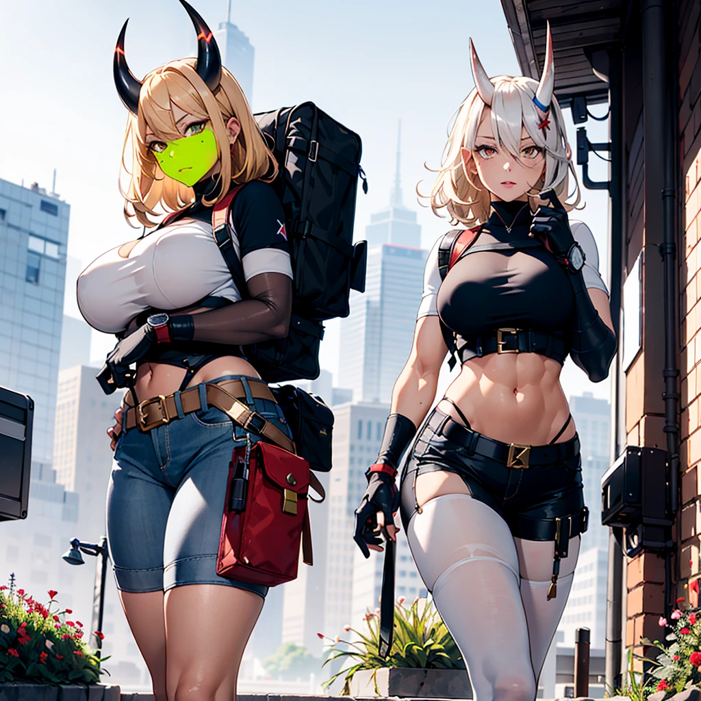 ((best quality)), ((masterpiece)), (detailed), 1girl, 8k_wallpaper, extremely detailed eyes, extremely detailed body, beautiful face, perfect face, detailed ((blonde hair)), (gold eyes), (( big blue horns)), {{dark skin}}, ({dark skinned female}), gigantic breasts, thick thighs, strong arm and leg muscles, strong abdominal muscles, Korean girl, dressed in a blue polto with rolled up sleeves, in heavy steel armor of silver color, on a wide red leather belt with gold yarn, hanging a military radio, leather tight shorts, leather gloves with radars and watches, a holster with a pistol hanging on her hip, a large hiking backpack, standing next to a red sci-fi SUV against the backdrop of flowers growing in the grass and a destroyed city,