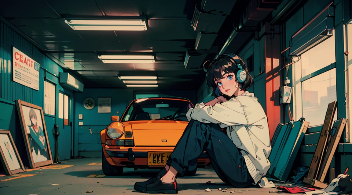 Anime-style girl with short, wavy hair and large expressive eyes, wearing casual clothes and red headphones. She is sitting in front of a vintage blue Porsche 911 in a cluttered garage. The garage has neon lights, colorful posters, and various tools scattered around. The black cat sits beside her, adding to the nostalgic 80s city pop vibe.