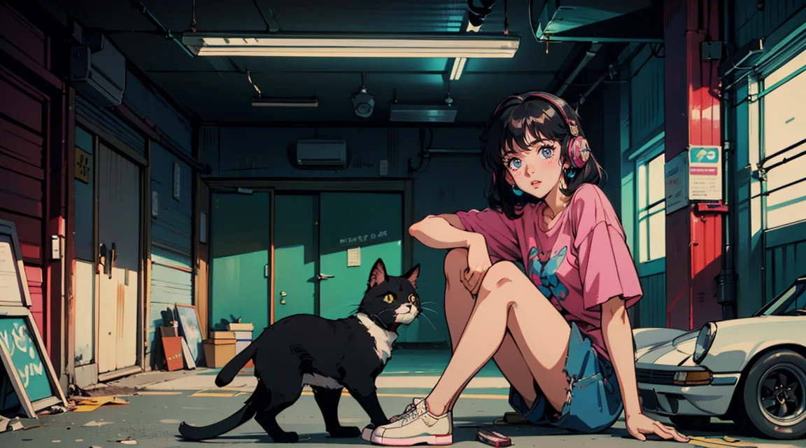 Anime-style girl with short, wavy hair and large expressive eyes, wearing casual clothes and red headphones. She is sitting in front of a vintage blue Porsche 911 in a cluttered garage. The garage has neon lights, colorful posters, and various tools scattered around. The black cat sits beside her, adding to the nostalgic 80s city pop vibe.