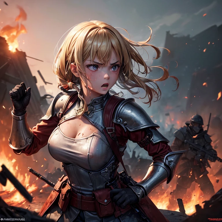 (masterpiece:1.5), (best quality), (Very detailed), (Super detailed), (1 girl:1.2), (whole body:1.2), (Young girls), (blond), (Weapons in hand), (war battle scene), (bloody atmosphere), (smoke), (fire), (corpse), (chaotic background), (thunderclap), (Torn clothes), (Firm expression), (Sweat and Dirt), (Injuried), (dynamic poses), (broken armor), (burnt landscape), (Combat stance), (Smoldering Shard), (fire焰:1.3), (battle cry), (sounds of war:1.1)
