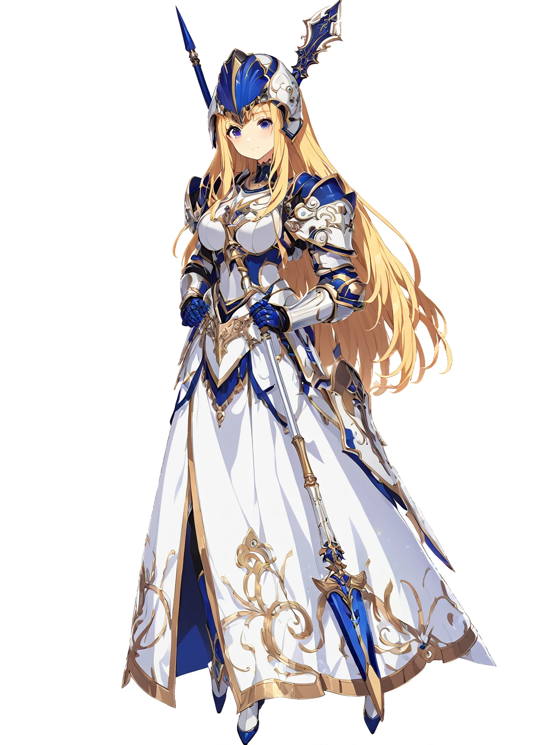 high quality, high resolution, high qualityのゲームアートスタイル, whole body,valkyrie,perfect hand,Official Art, Smooth game CG art, Visual Novel Sprites, White background,Smooth game CG art, (((Woman with a long spear))),Woman wearing a white dress and blue armor, An intricately designed helmet with white feathers,Small shield, (((In his right hand he holds an elaborate long spear))),Exquisite Blue Armor,Golden Hair, long hair, female knight, Rin々Shii,Large Bust,20-year-old,