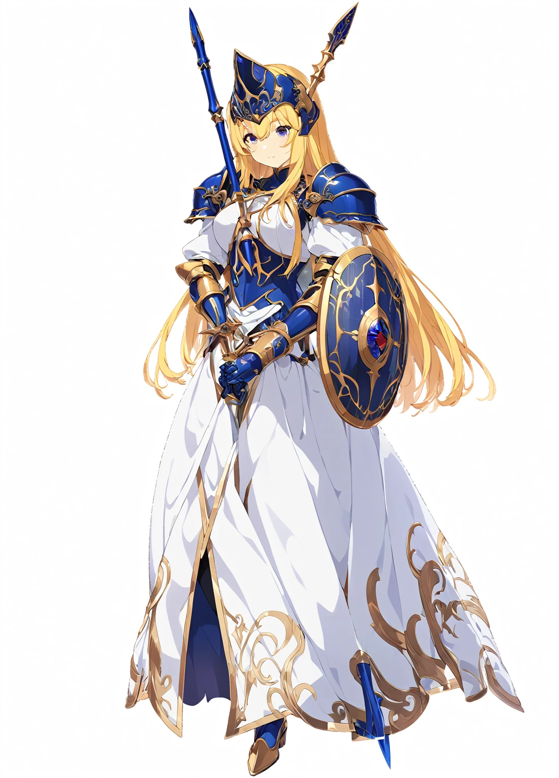 high quality, high resolution, high qualityのゲームアートスタイル, whole body,valkyrie,perfect hand,Official Art, Smooth game CG art, Visual Novel Sprites, White background,Smooth game CG art, (((Woman with a long spear))),Woman wearing a white dress and blue armor, An intricately designed helmet with white feathers,Small shield, (((In his right hand he holds an elaborate long spear))),Exquisite Blue Armor,Golden Hair, long hair, female knight, Rin々Shii,Large Bust,20-year-old,