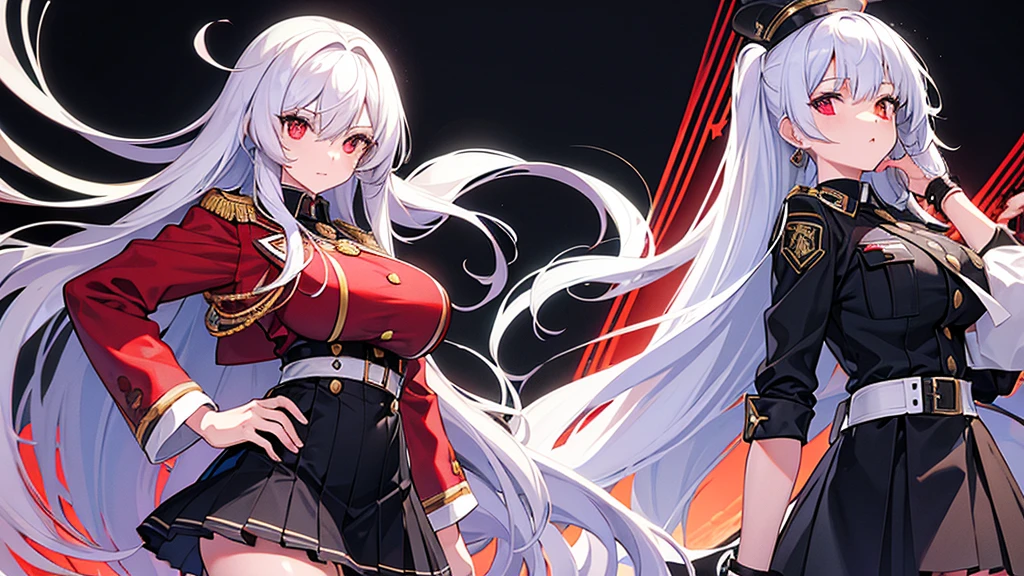 Two girls with long silver hair, twins, red eyes, big breasts, slim body, cool, military uniform, black mini quilt skirt, office