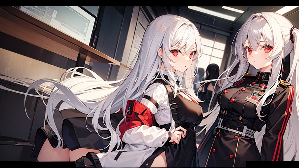 Two girls with long silver hair, twins, red eyes, big breasts, slim body, cool, military uniform, black mini quilt skirt, office
