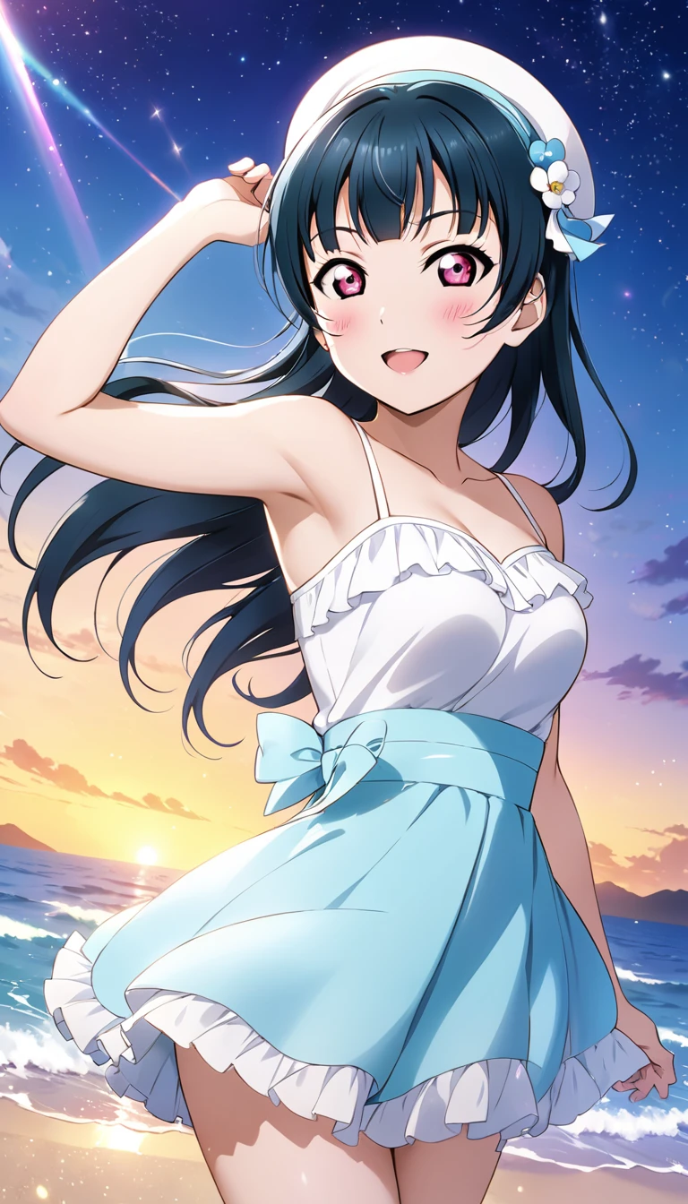 Tsushima Yoshiko from Love Live! Sunshine!!

Standing on a starlit beach
Long hair flowing in the wind, wearing a white dressBeautiful starry beach

Let me know if you need any adjustments!