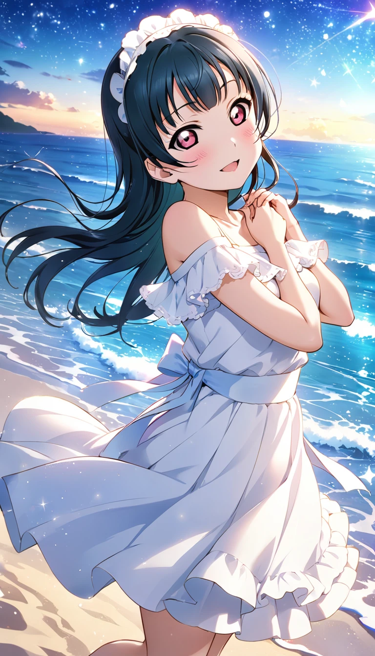 Tsushima Yoshiko from Love Live! Sunshine!!

Standing on a starlit beach
Long hair flowing in the wind, wearing a white dressBeautiful starry beach

Let me know if you need any adjustments!