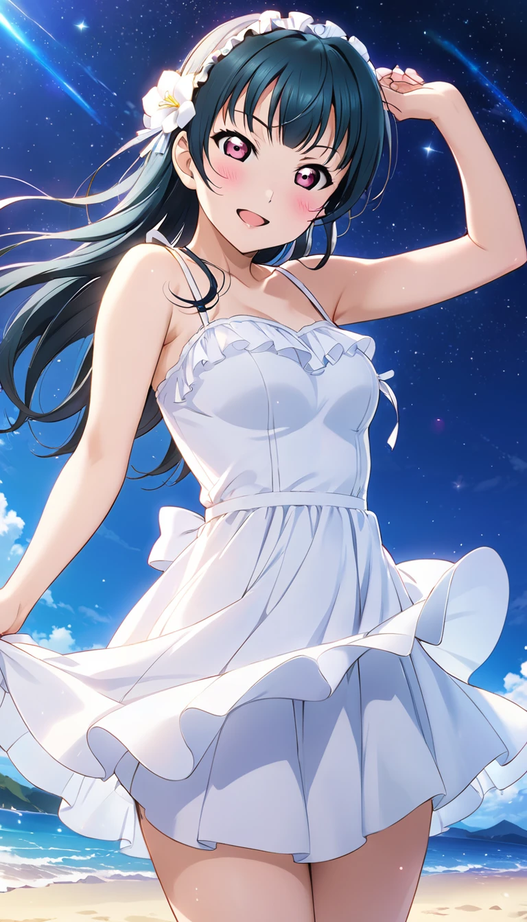 Tsushima Yoshiko from Love Live! Sunshine!!

Standing on a starlit beach
Long hair flowing in the wind, wearing a white dressBeautiful starry beach

Let me know if you need any adjustments!